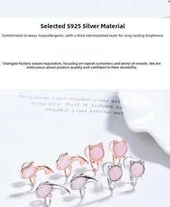 Detail of S925 silver cat earrings featuring pink opal stones and dolphin designs