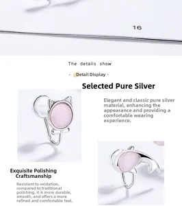 Close-up of S925 sterling silver cat and dolphin earrings with pink opal stones