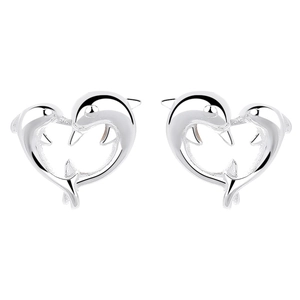 925 silver dolphin heart stud earrings with high-polish finish and screw back design