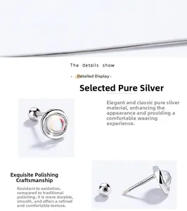 Detailed macro view of S925 sterling silver moonstone screw back earring with hallmark