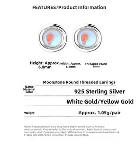 Detailed size and material chart for 925 sterling silver moonstone screw earrings