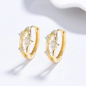 Boucles d'oreilles double créoles en argent 925 doré avec zircon et motif d'étoiles