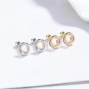 S925 Sterling Silver Moonstone Stud Earrings For Women Minimalist Round Barbell Screw Back Geometric Light Luxury Jewelry