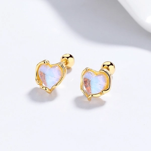 925 silver heart moonstone screw back earrings with iridescent opal in gold finish
