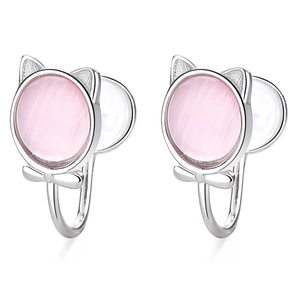 Cute 925 silver lucky cat ear clips with pink opal and bowknot for non-pierced ears