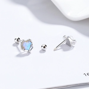 925 silver heart moonstone screw back earrings with iridescent light blue gemstone inlay
