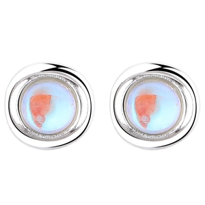 Minimalist 925 silver stud earrings featuring round moonstones with orange texture