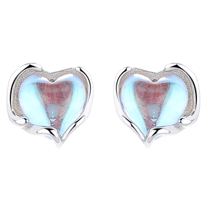925 silver heart-shaped moonstone stud earrings with light blue iridescent stones