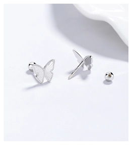 Macro shot of 925 sterling silver butterfly stud earring with S925 hallmark and screw back