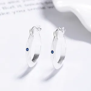 925 Sterling Silver Brushed Hoop Earrings For Women Minimalist Matte Blue Rhinestone Inlay Geometric Circle Ear Jewelry