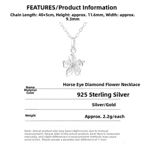 Detailed view of 925 sterling silver flower necklace with marquise zircon pendant size
