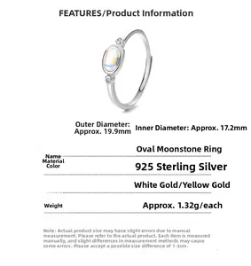 Detail showing 925 sterling silver moonstone ring dimensions and adjustable open band design