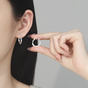 Minimalist 925 sterling silver brushed hoop earrings with tiny blue zircon accents