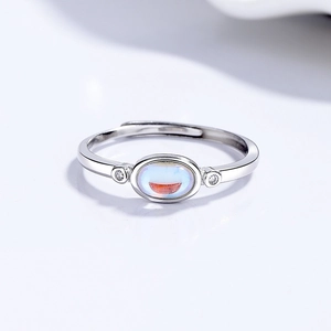 Adjustable S925 silver ring featuring an oval moonstone with zircon accents for women