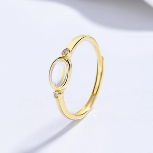 Minimalist 925 silver moonstone open ring with gold finish and zircon side stones