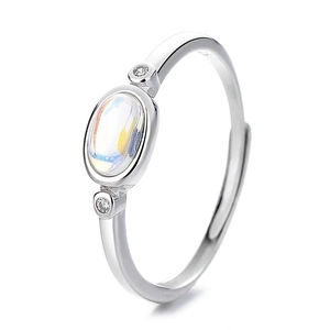925 silver moonstone open ring for women with cubic zirconia side stones in white background
