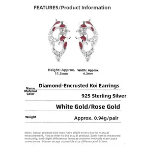 Detailed size specifications for 925 silver koi fish earrings with zircon inlay