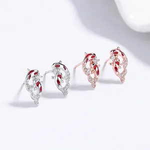 925 Sterling Silver Koi Fish Rhinestone Stud Earrings For Women New Chinese Style Enamel Lucky Animal Earrings Jewelry Gift