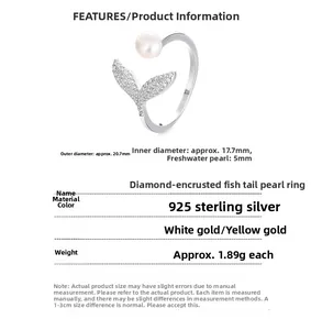 Detailed view of 925 silver fishtail ring with 5mm freshwater pearl and pavé cubic zirconia