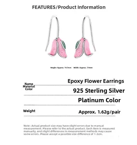 Detailed view of 925 silver tulip earrings with pink enamel flowers and size specifications