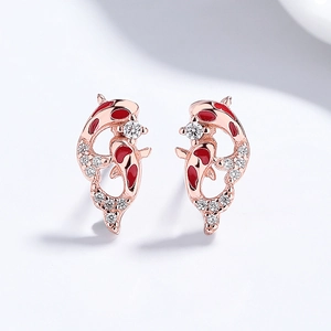 Exquisite 925 silver koi fish stud earrings with red enamel and zircon accents