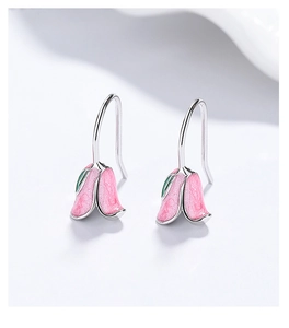 Detailed view of handmade pink tulip drop earrings with enamel finish and S925 silver hooks