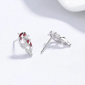 925 silver koi fish stud earrings with red enamel and white zircon stones in pairs