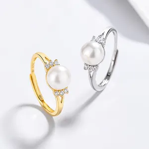 Bague réglable en argent 925 avec perle d'eau douce et zircons brillants pour femme