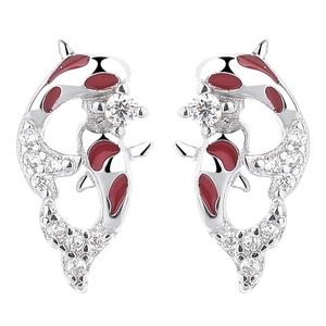 S925 silver koi fish stud earrings with red enamel and sparkling zircon stones