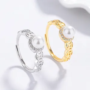 Bague en Künstliche Perle Réglable en Argent Sterling 925 Avec Zircone Design de Pièce Creuse Bijou de Mode pour Femme