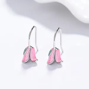 925 Sterling Silver Tulip Flower Ear Hook Earrings Sweet Enamel Floral Dangle Earrings For Women Fashion Jewelry