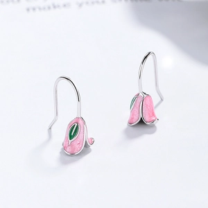 Pink tulip flower earrings in 925 silver with glitter enamel finish and green leaf accents
