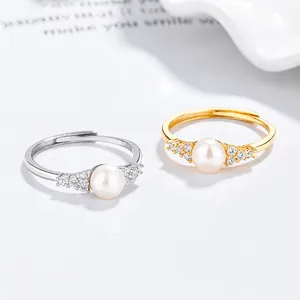 Bagues réglables en argent sterling 925 avec perles d'eau douce et zircons en or et en argent