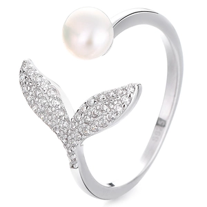Elegant 925 sterling silver fishtail open ring with freshwater pearl and zircon stones