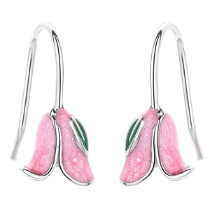 Pink tulip drop earrings with 925 silver hooks and sparkling glitter finish for women