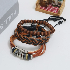 Three-piece retro leather and wooden bead bracelet set with woven details and metal charms