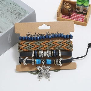 Multilayer vintage leather bracelet set with blue wooden beads and butterfly charm