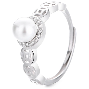 Bague réglable en argent S925 avec perle blanche, zircons et motifs de pièces anciennes