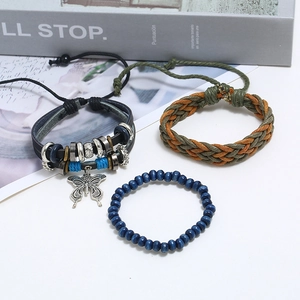 3-piece men's leather bracelet set with butterfly charm and woven beads in bohemian style