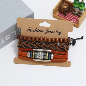 Multilayer beaded leather bracelet set with vintage woven straps and metal charm decor