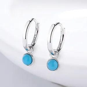 Orecchini a Cerchio con Pendente in Argento Sterling 925 e Turchese per Donna Design Semplice con Pietra Blu Tonda Placcati Oro Bianco