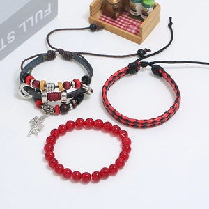 Handmade leather beaded bracelets set with angel charm and red bohemian style cords