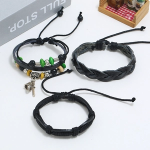 Three-piece set of men's leather bracelets with vintage beads and metallic pendants