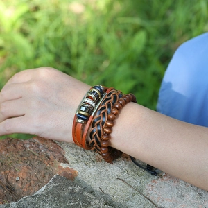 Three-piece men's vintage leather bead bracelet set featuring braided ropes and wood beads