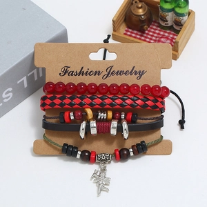 Handmade multilayer leather beaded bracelet set with silver Cupid pendant on card