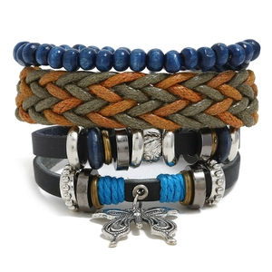 Retro Men Braided Leather Bracelet Vintage Alloy Butterfly Charm Wood Beads Hemp Rope Multilayer Wrap Wristband Jewelry