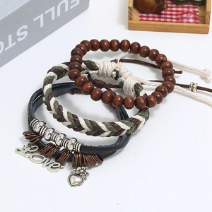 Retro multi-layer leather bracelet set with wooden beads and engraved love pendants