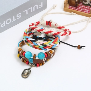 Ensemble de bracelets bohèmes en cuir multicouches avec perles bleues et breloque