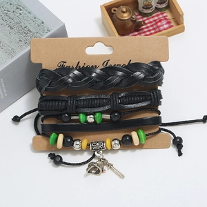 Bohemian multi-layer men's braided leather bracelet set with colorful wooden beads and charms