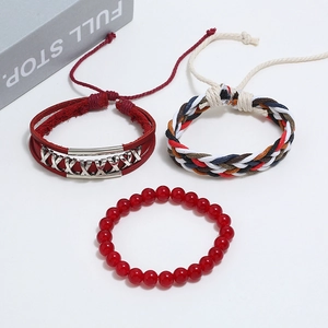 Three-piece set of red leather bracelets with braided rope and ethnic style beads